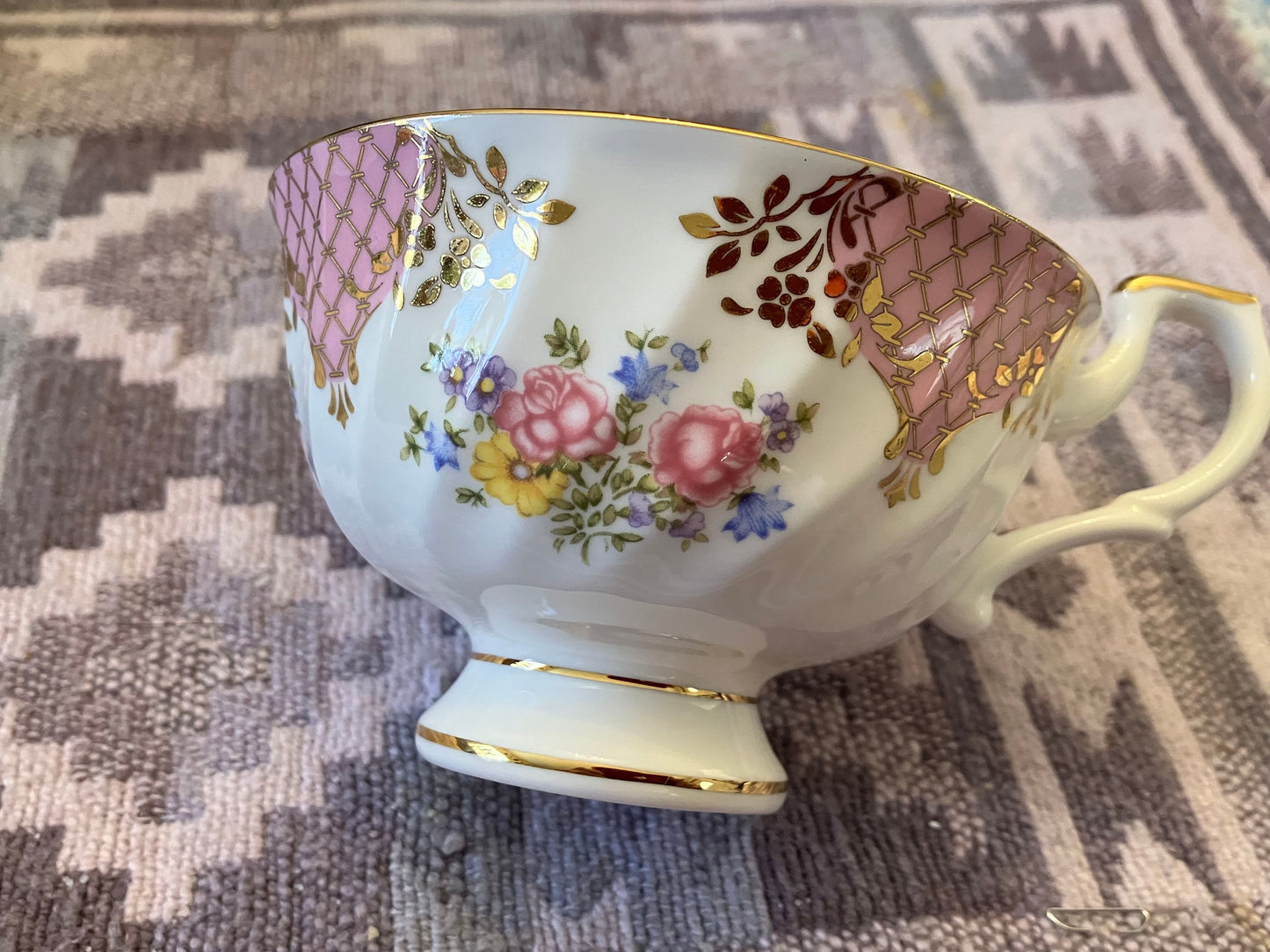 Hudson Middleton Lady Diana Footed Teacup and Saucer, Pink floral, Gold Gilt Fine Bone China