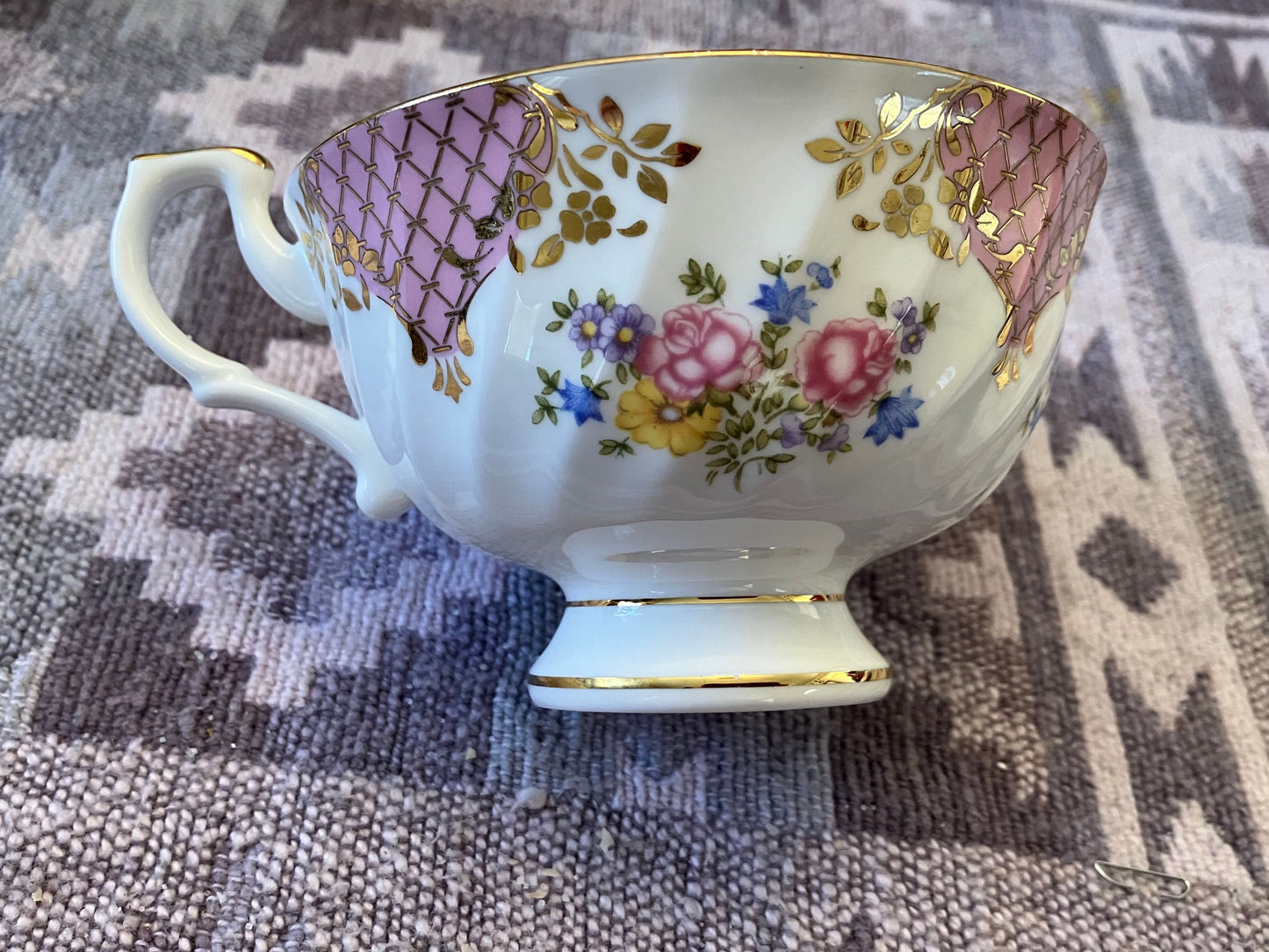 Hudson Middleton Lady Diana Footed Teacup and Saucer, Pink floral, Gold Gilt Fine Bone China