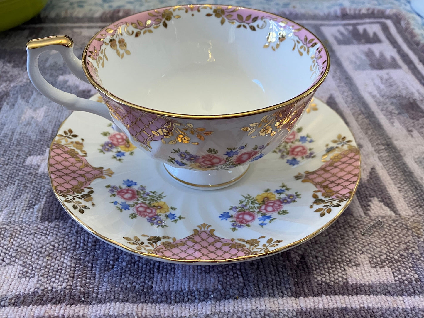 Hudson Middleton Lady Diana Footed Teacup and Saucer, Pink floral, Gold Gilt Fine Bone China